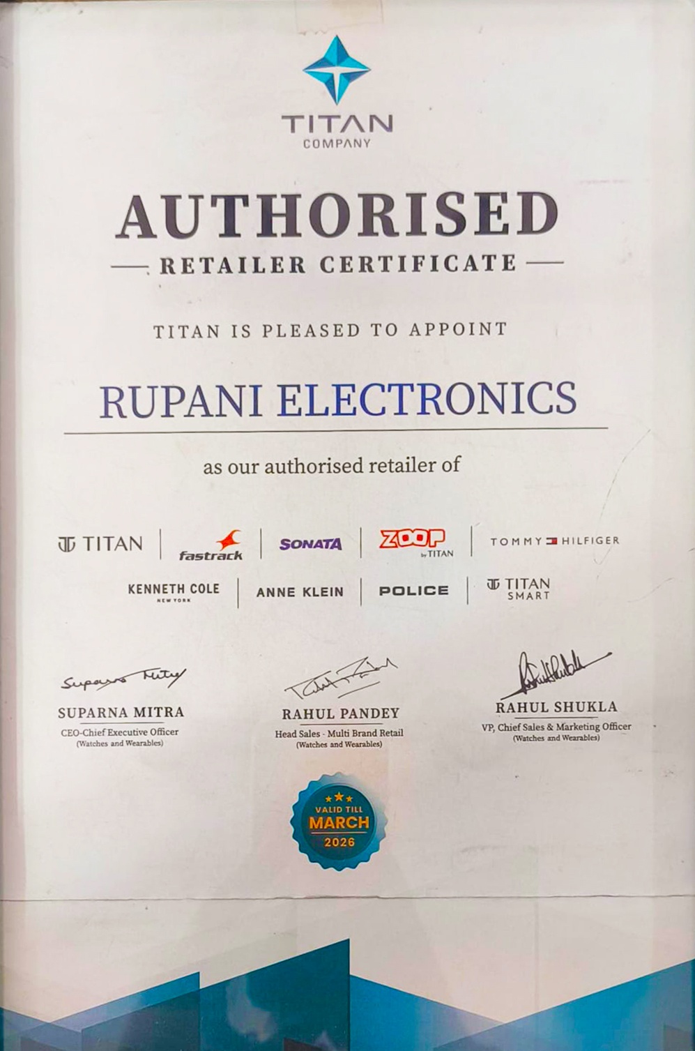 Titan Authorised Retailer Certificate — Rupani Electronics